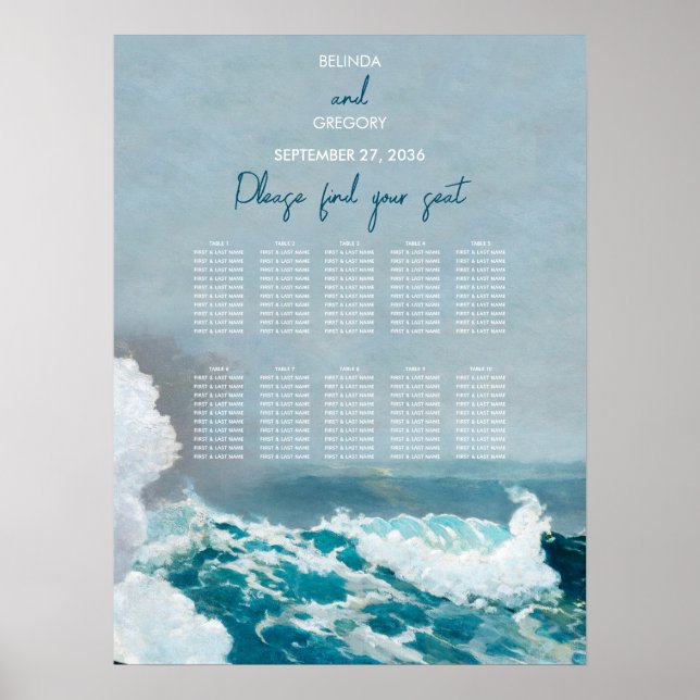 Wasserfarben-Strandwellen Hochzeitsskalender Poster (Vorne)