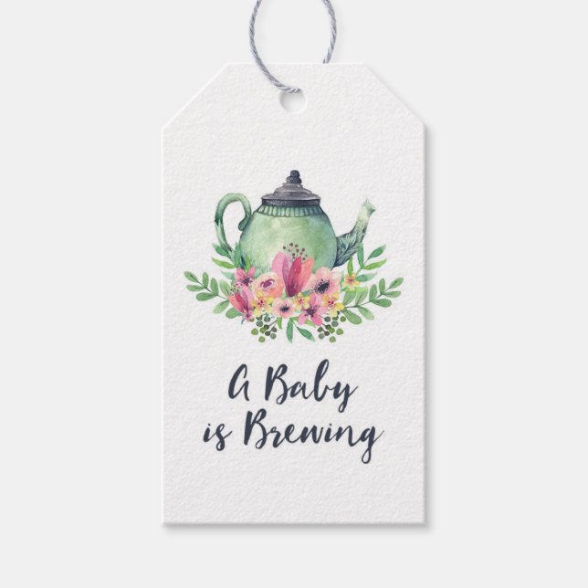 Wasserfarben Teekanne Ein Baby wird Babydusche Geschenkanhänger (Vorderseite)
