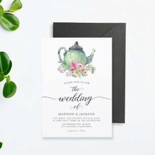 Wasserfarben-Teekanne und Blumenhochzeit Einladung