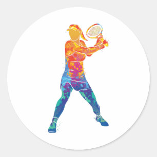 Wasserfarben-Tennis-Frau Runder Aufkleber