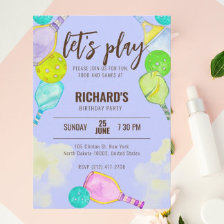 Wasserfarben-Thema Pickleball Blaue Geburtstagspar Einladung