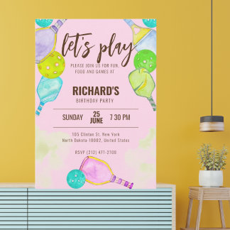 Wasserfarben-Thema Pickleball Pink Geburtstagspart Einladung