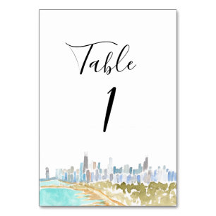 Wasserfarben-Tischkarten für Chicago-Hochzeit Tischnummer