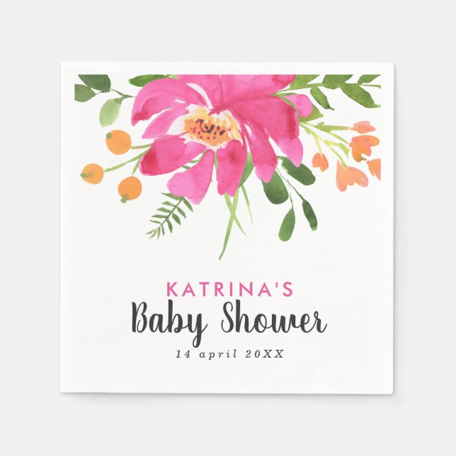 Wasserfarben Tropen Pink und Orange Babydusche Serviette (Vorderseite)