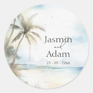 Wasserfarben Tropical Beach Palm Trees Wedding Runder Aufkleber