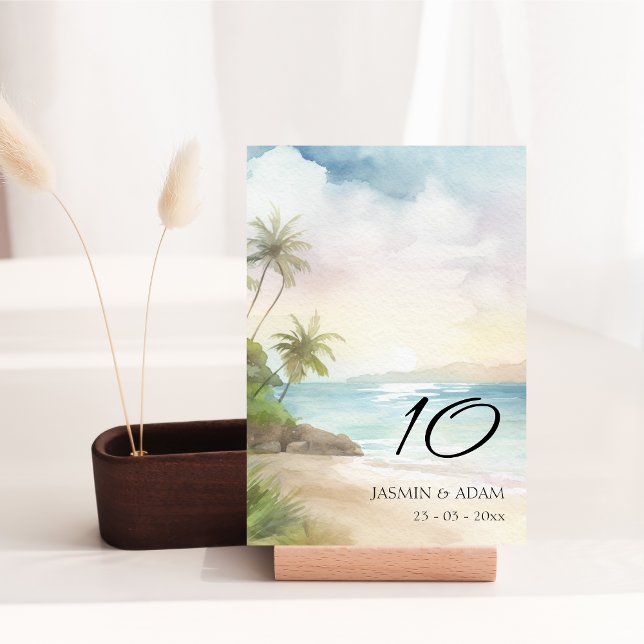 Wasserfarben Tropical Beach Palm Trees Wedding Tischnummer (Watercolor Tropical Beach Palm Trees Wedding Table Number)
