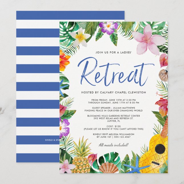 Wasserfarben Tropical Luau Ladys'Retreat Einladung (Vorne/Hinten)