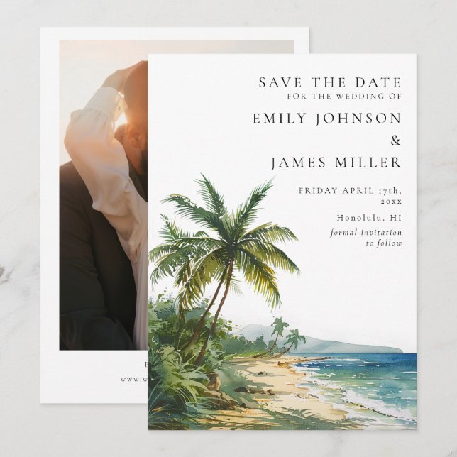 Wasserfarben Tropical Palm Beach Foto Hochzeit Save The Date (Vorne/Hinten)