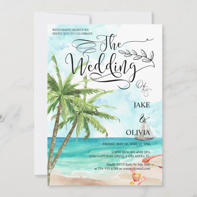 Wasserfarben Tropical Palm Tree Beach Hochzeit Einladung (Vorderseite)