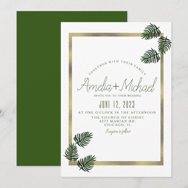 Wasserfarben Tropische Botanische Foil Palm Hochze Einladung (Vorne/Hinten)