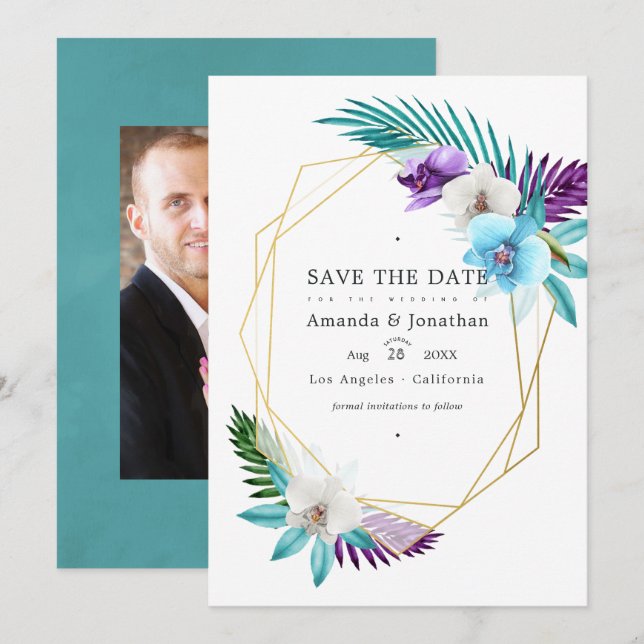 Wasserfarben tropische Orchideen Geometrische Hoch Save The Date (Vorne/Hinten)