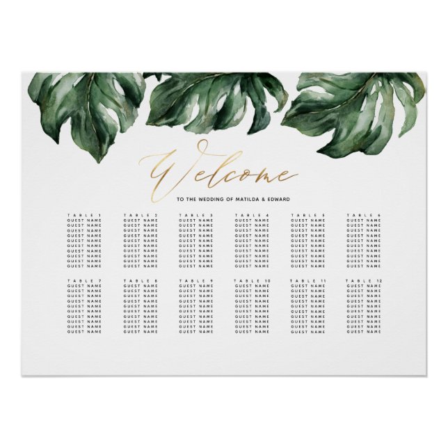 Wasserfarben, tropische und goldene Hochzeitssitzp Poster (Vorderseite)