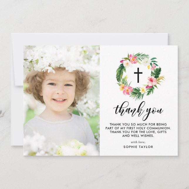 Wasserfarben Tropischer Blumenreath Erste Kommune Dankeskarte (Vorderseite)