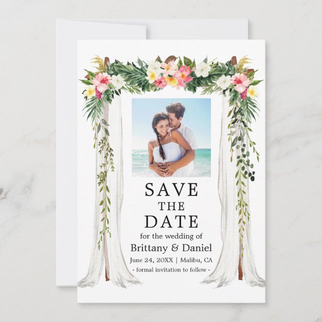 Wasserfarben-tropisches Foto Hochzeitskanopie Save The Date (Vorderseite)