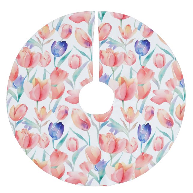 Wasserfarben-Tulips-Muster Baumrock Polyester Weihnachtsbaumdecke (Vorderseite)