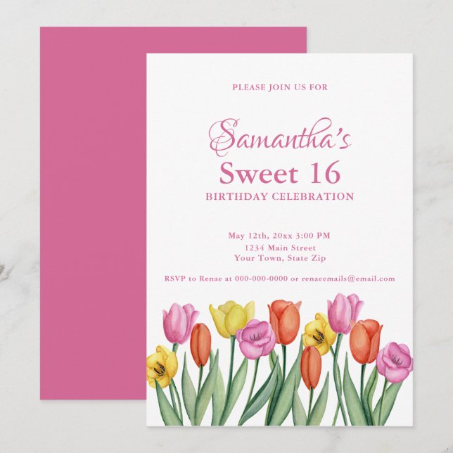 Wasserfarben Tulips Sweet 16 Geburtstag Einladung (Vorne/Hinten)