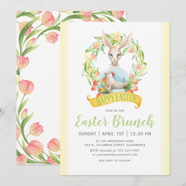 Wasserfarben-Tulpen und Kaninchen-Osterbrunch Einladung (Vorne/Hinten)