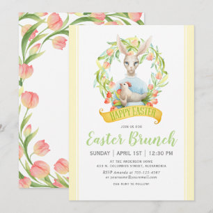 Wasserfarben-Tulpen und Kaninchen-Osterbrunch Einladung