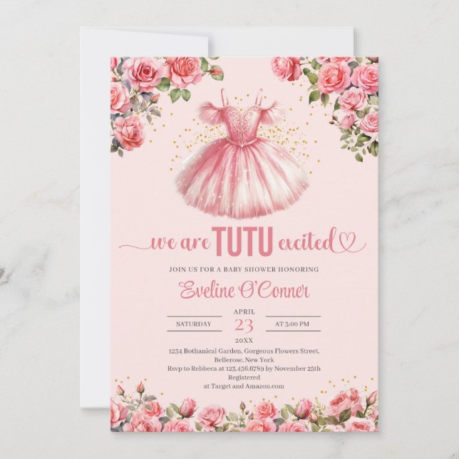 Wasserfarben Tutu Kleid Rosa Rosen Kinderdusche Einladung (Vorderseite)