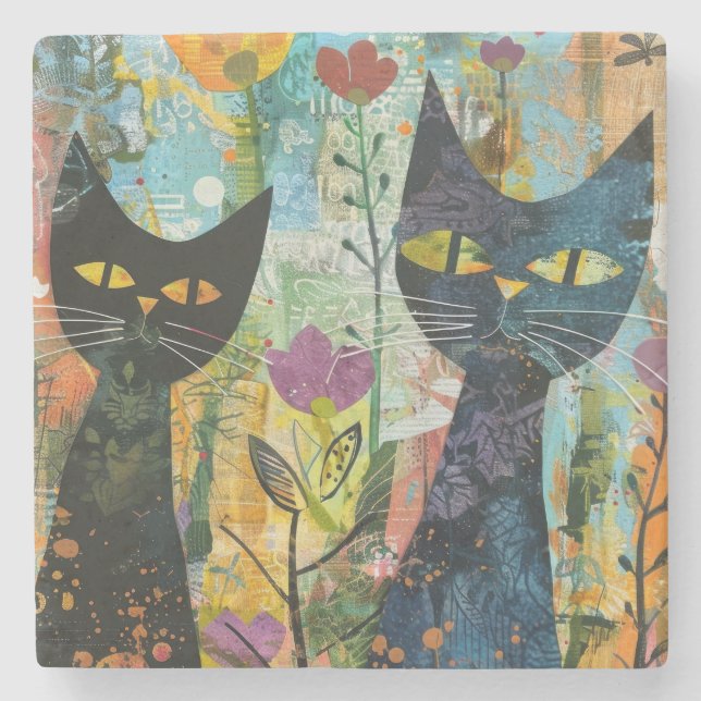 Wasserfarben Vintage Abstrakte Katze (4) Steinuntersetzer (Vorderseite)