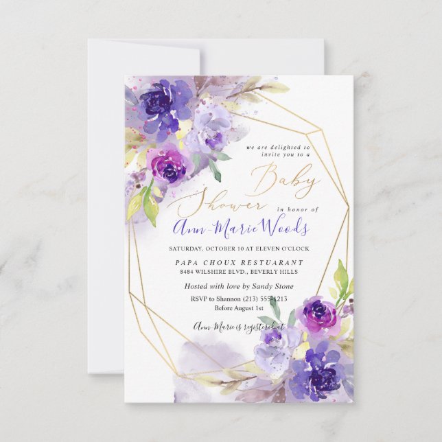 Wasserfarben-Violet-Lila-Peonies-Babydusche Einladung (Vorderseite)
