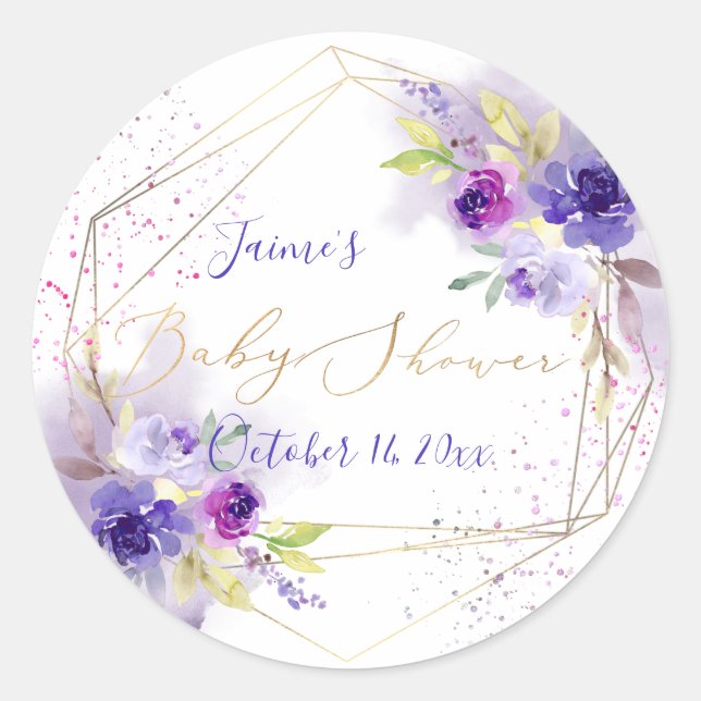 Wasserfarben-Violet-Lila-Peonies-Babydusche Runder Aufkleber (Vorderseite)
