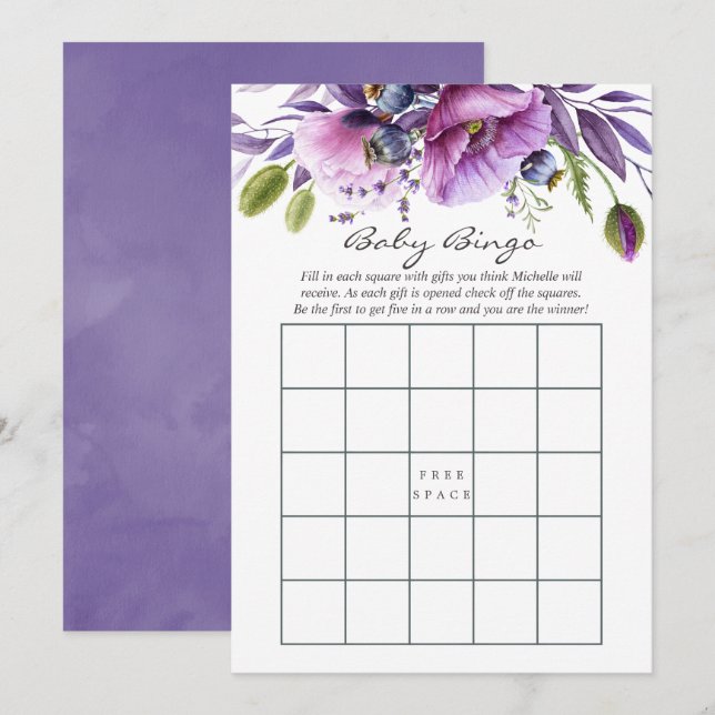 Wasserfarben Violet Poppy Blumenjungen Dusche Bing Einladung (Vorne/Hinten)