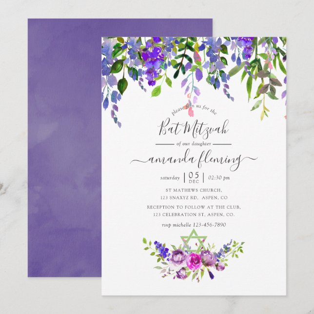 Wasserfarben Violett Floral Bat Mitzvah Einladung (Vorne/Hinten)