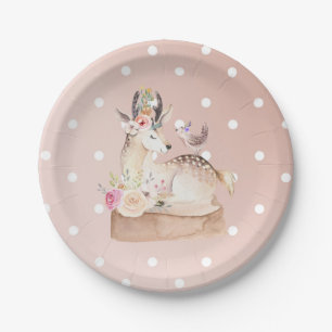 Wasserfarben-Wald-Wildtier-Hirsch-und-Vogel-Baby-P Pappteller