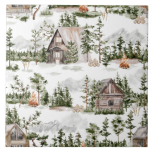 Wasserfarben-Waldhütten-Muster Fliese