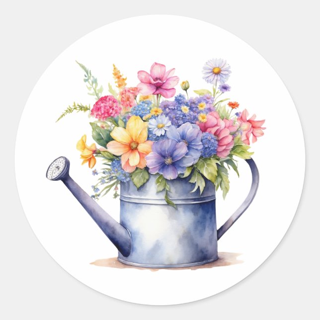 Wasserfarben Wasserkocher Dose mit Garten Blume Runder Aufkleber (Vorderseite)
