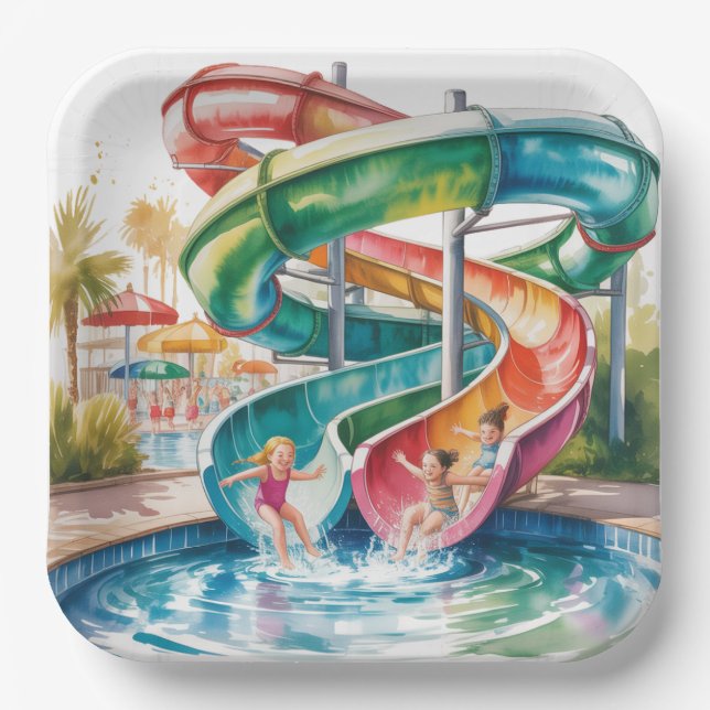 Wasserfarben-Wasserrutsche-Kindergeburtstagsfeier Pappteller (Vorderseite)
