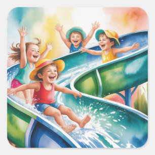 Wasserfarben-Wasserrutsche-Kindergeburtstagsfeier Quadratischer Aufkleber