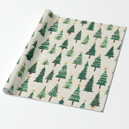 Wasserfarben-Weihnachtsbäume | Grüne Kiefern-Feier Geschenkpapier