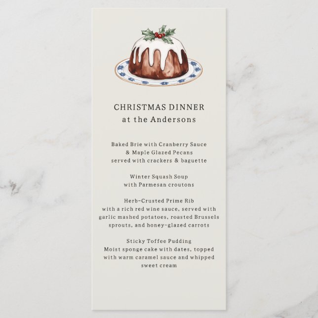 Wasserfarben-Weihnachtspudding-Festmenü Menükarte (Vorderseite)