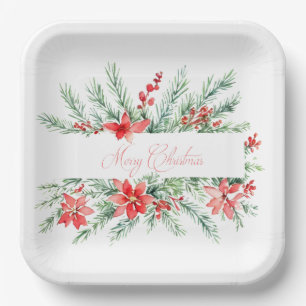 Wasserfarben-Weihnachtsstern und Grün Weihnachten Pappteller