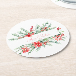 Wasserfarben-Weihnachtsstern und Grün Weihnachten Runder Pappuntersetzer