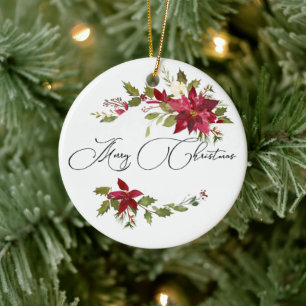 Wasserfarben-Weihnachtsstern und Stechpalmen-Weihn Keramik Ornament