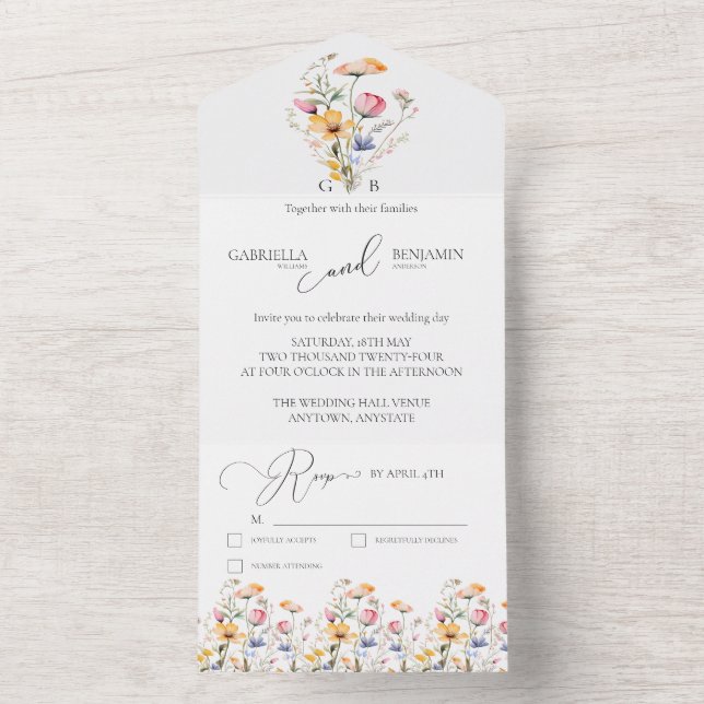 Wasserfarben Wildblume Einfache Hochzeit All In One Einladung (Innen Boden)