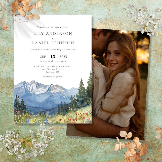 Wasserfarben Wildblume Foto Hochzeit Einladung (Watercolor Mountain Wildflower Photo Wedding Invitation)
