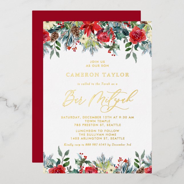 Wasserfarben Winter Blooms Floral Bar Mitzvah Folieneinladung (Vorderseite/Rückseite)