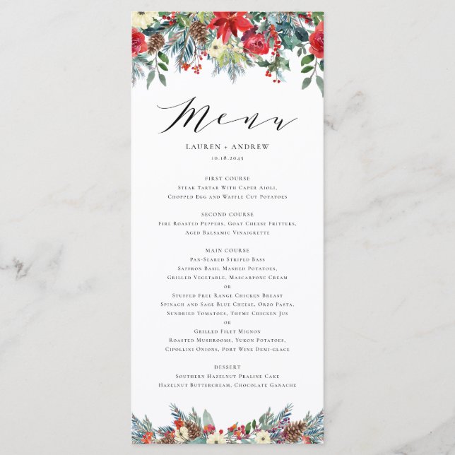 Wasserfarben Winter Blooms Garland Hochzeit Menükarte (Vorderseite)