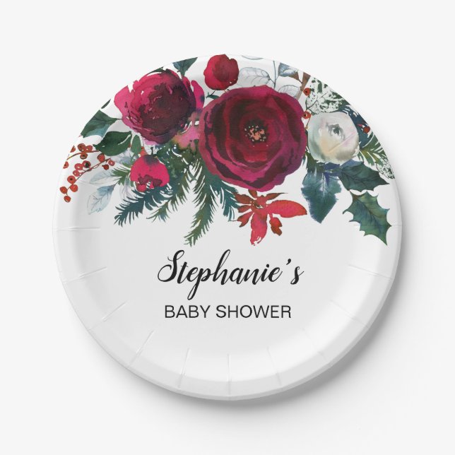 Wasserfarben Winter Burgund Blume Babydusche Pappteller (Vorderseite)