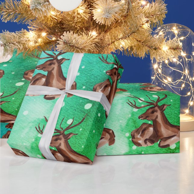Wasserfarben Winter Weihnachtswald Hirsche Tiere Geschenkpapier (Feiertage)