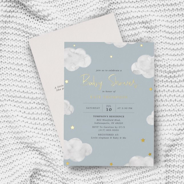Wasserfarben Wolken Blue Gray Boy Baby Dusche Gold Folieneinladung (Von Creator hochgeladen)