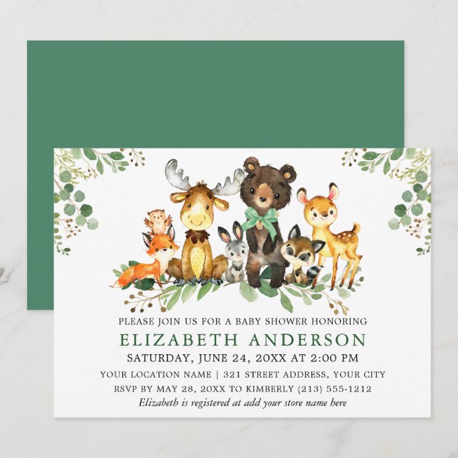 Wasserfarben-Woodland-Tiere Bow Baby-Dusche Einladung (Vorne/Hinten)