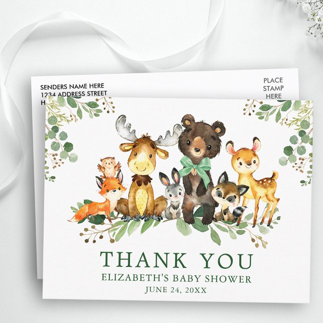 Wasserfarben-Woodland-Tiere Bow Baby-Dusche Postkarte (Customize to change text size, color or text style.)