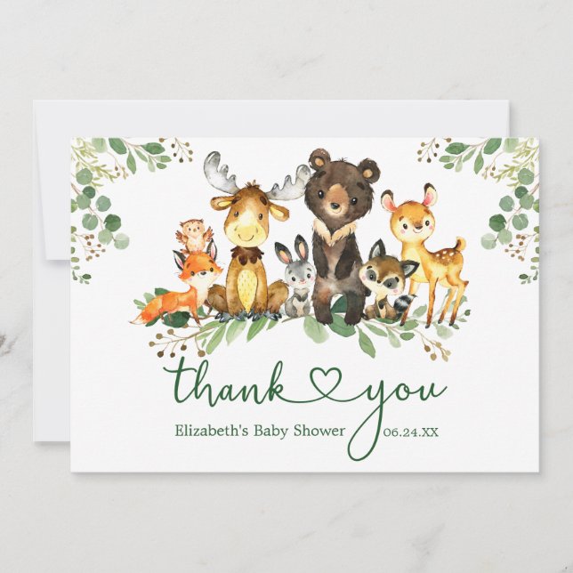 Wasserfarben Woodland Tiere Kinderdusche Herz Dankeskarte (Vorderseite)