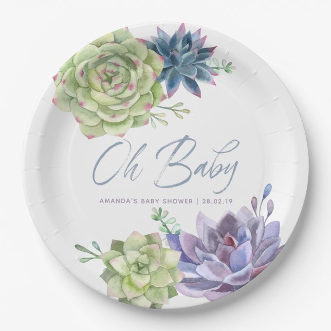 Wasserfarben-Wüste-Kaktus Succulents Babydusche Pappteller (Vorderseite)