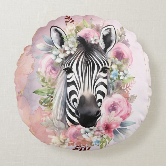 Wasserfarben-Zebra und Blumenreath Rundes Kissen (Vorderseite)